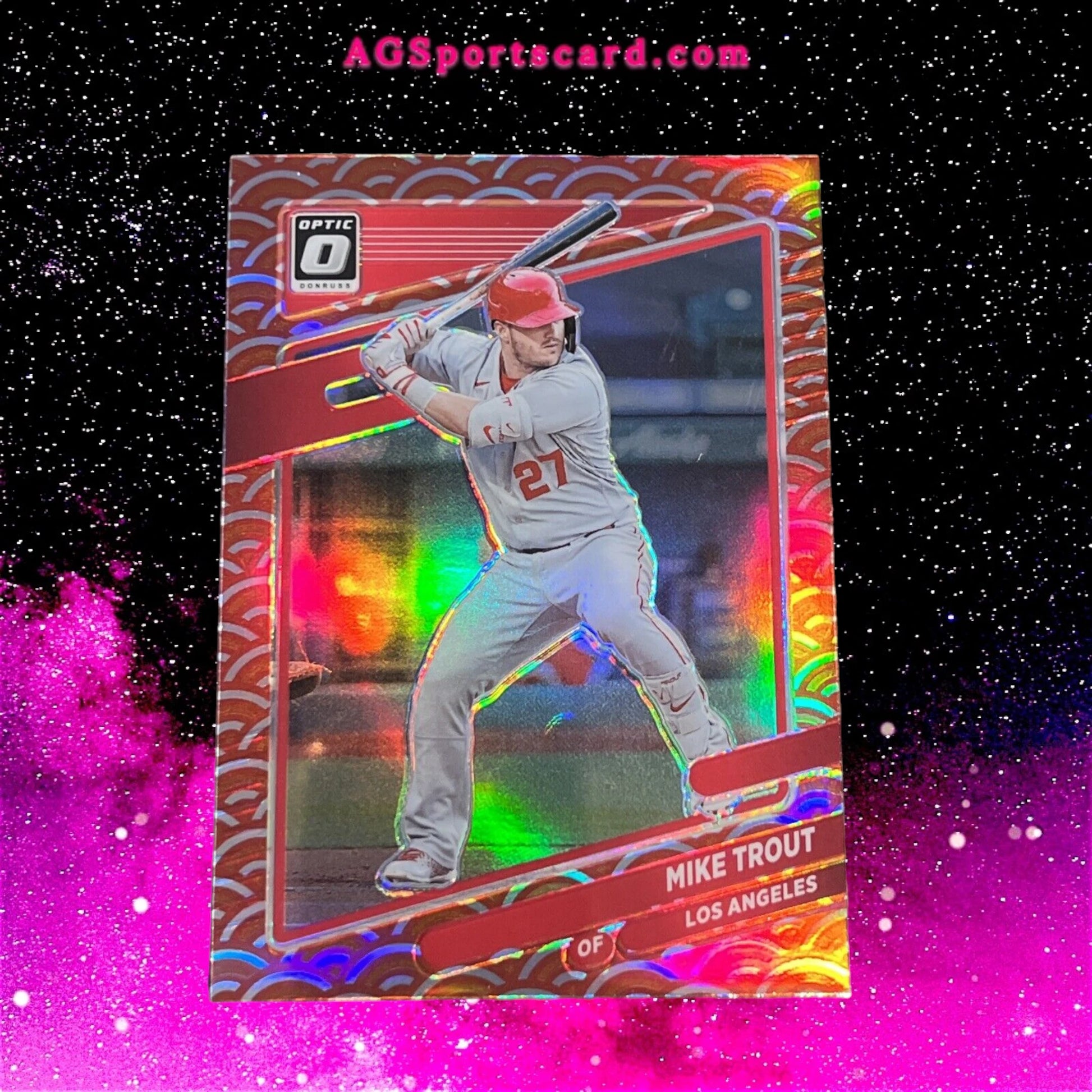 a 2021 donruss optic baseball card with Mike Trout featured on the front