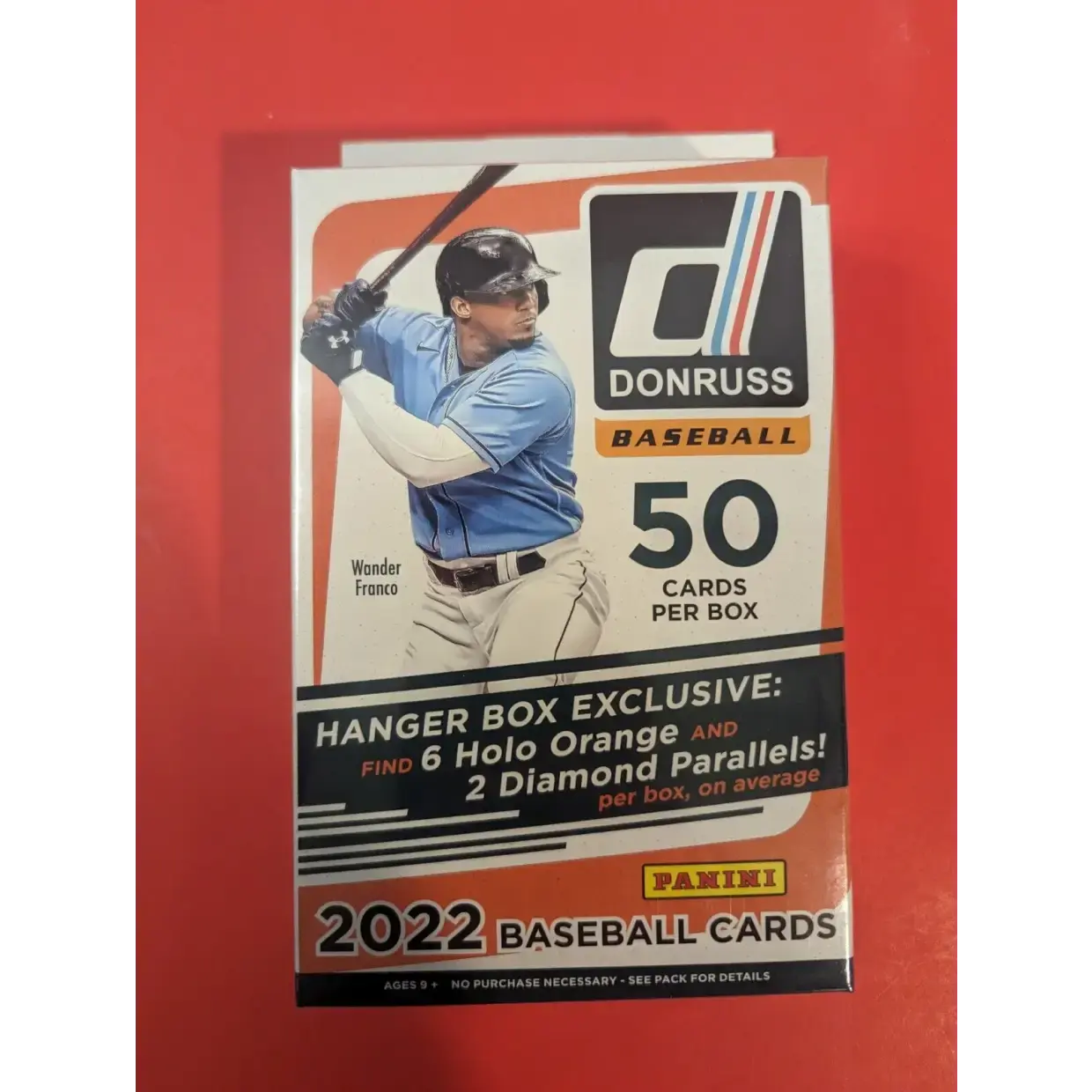 2022 Panini Donruss MLB 50 Card Hanger Box with 6 Holo Orange and 2 Diamond Parallels