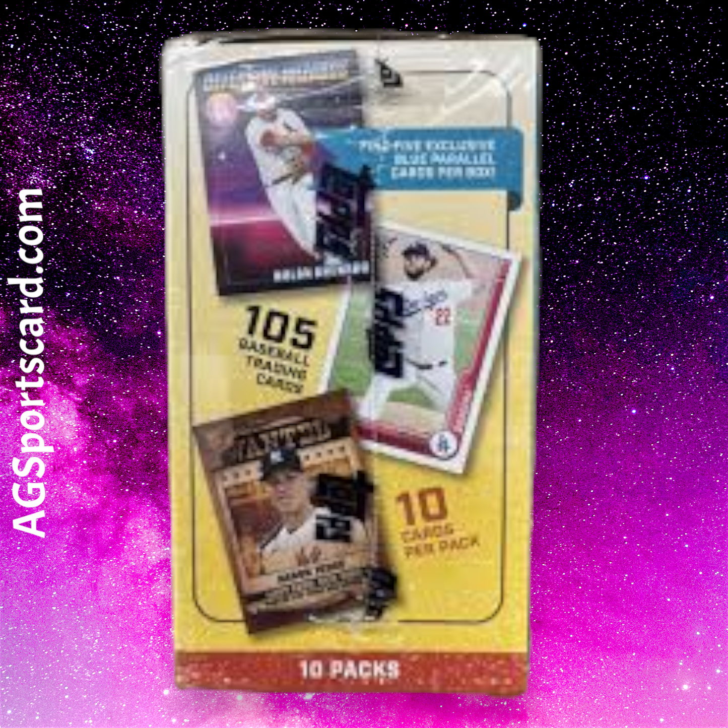 a package of baseball cards on a purple background