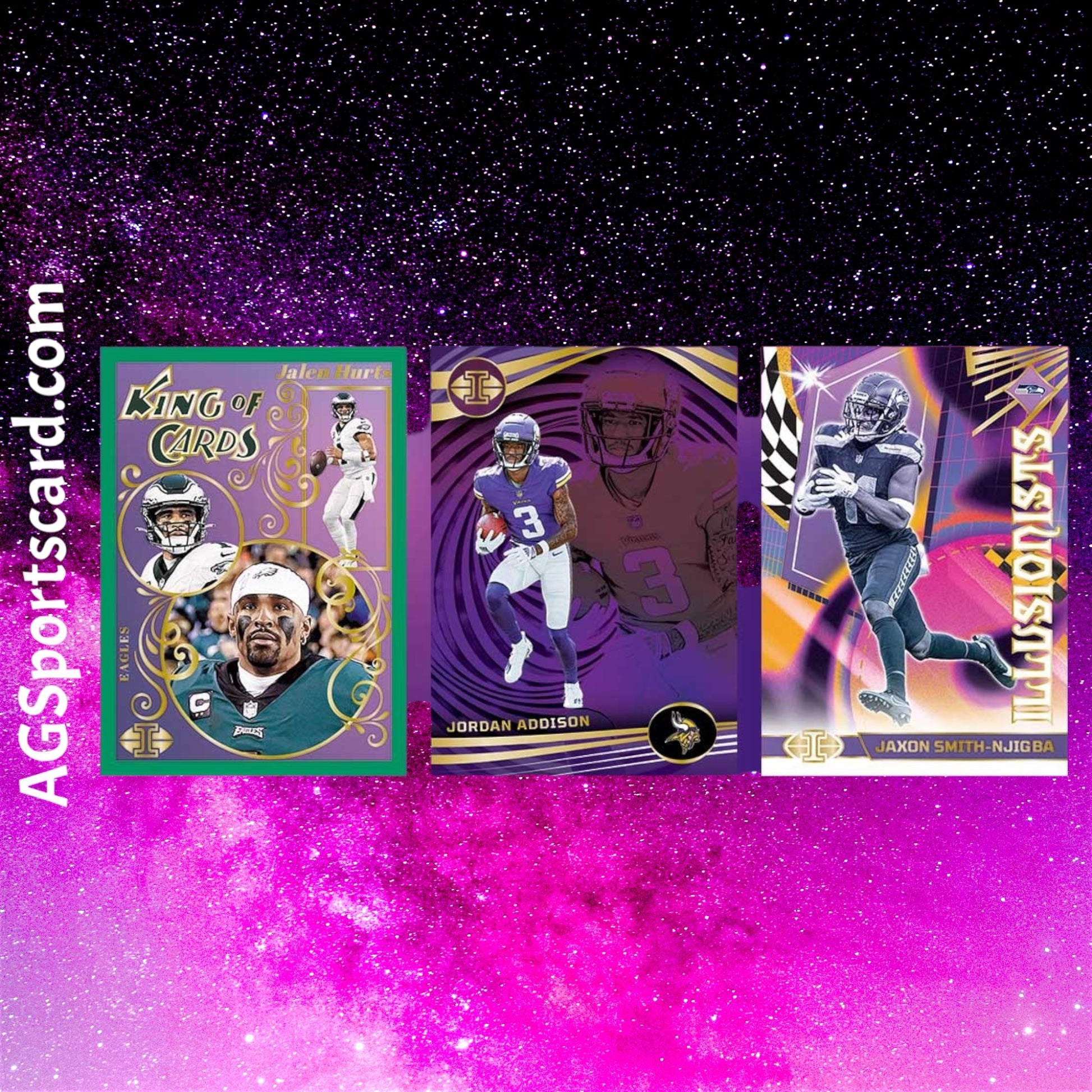 a group of three different sports cards on a purple background