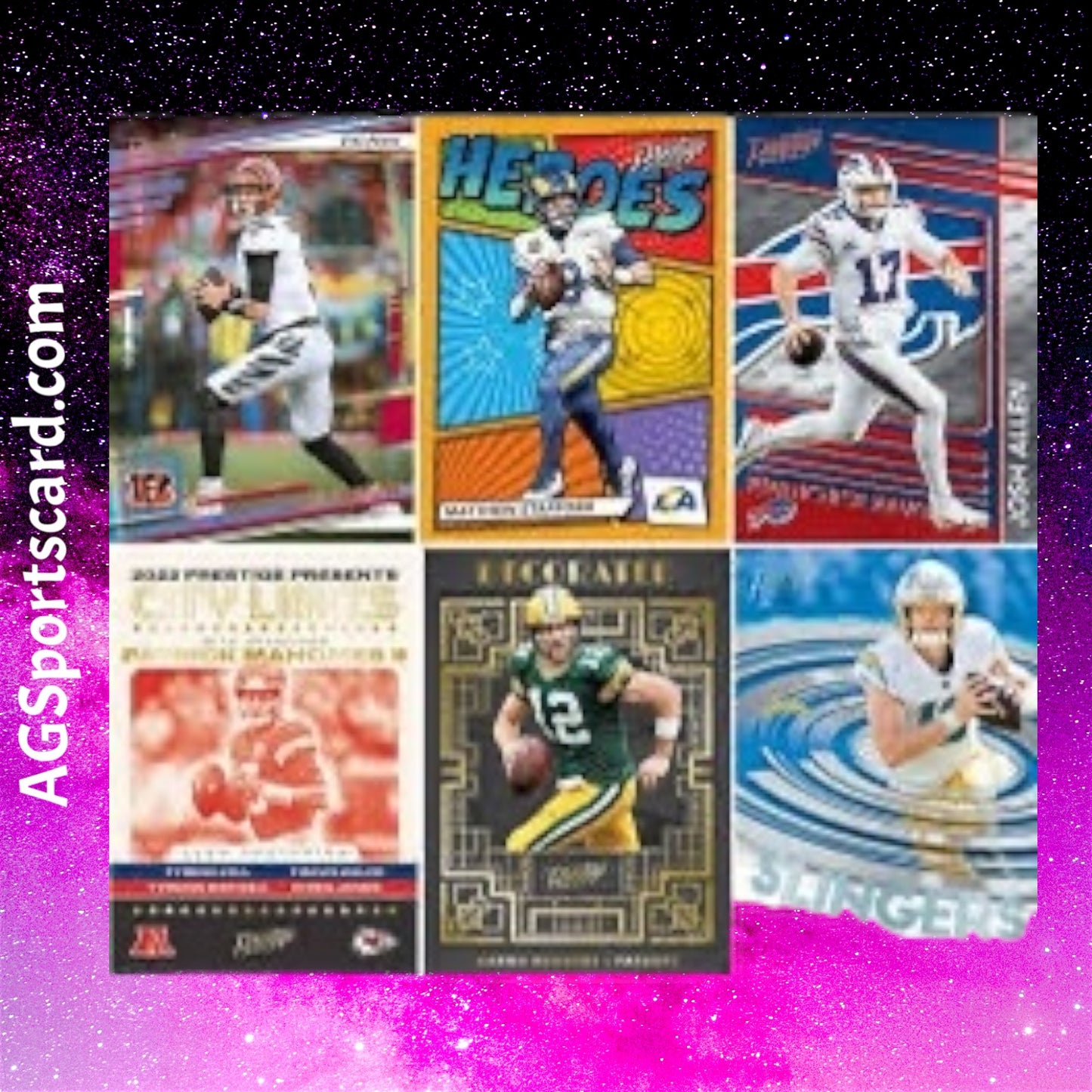 a collage of football cards with a space background