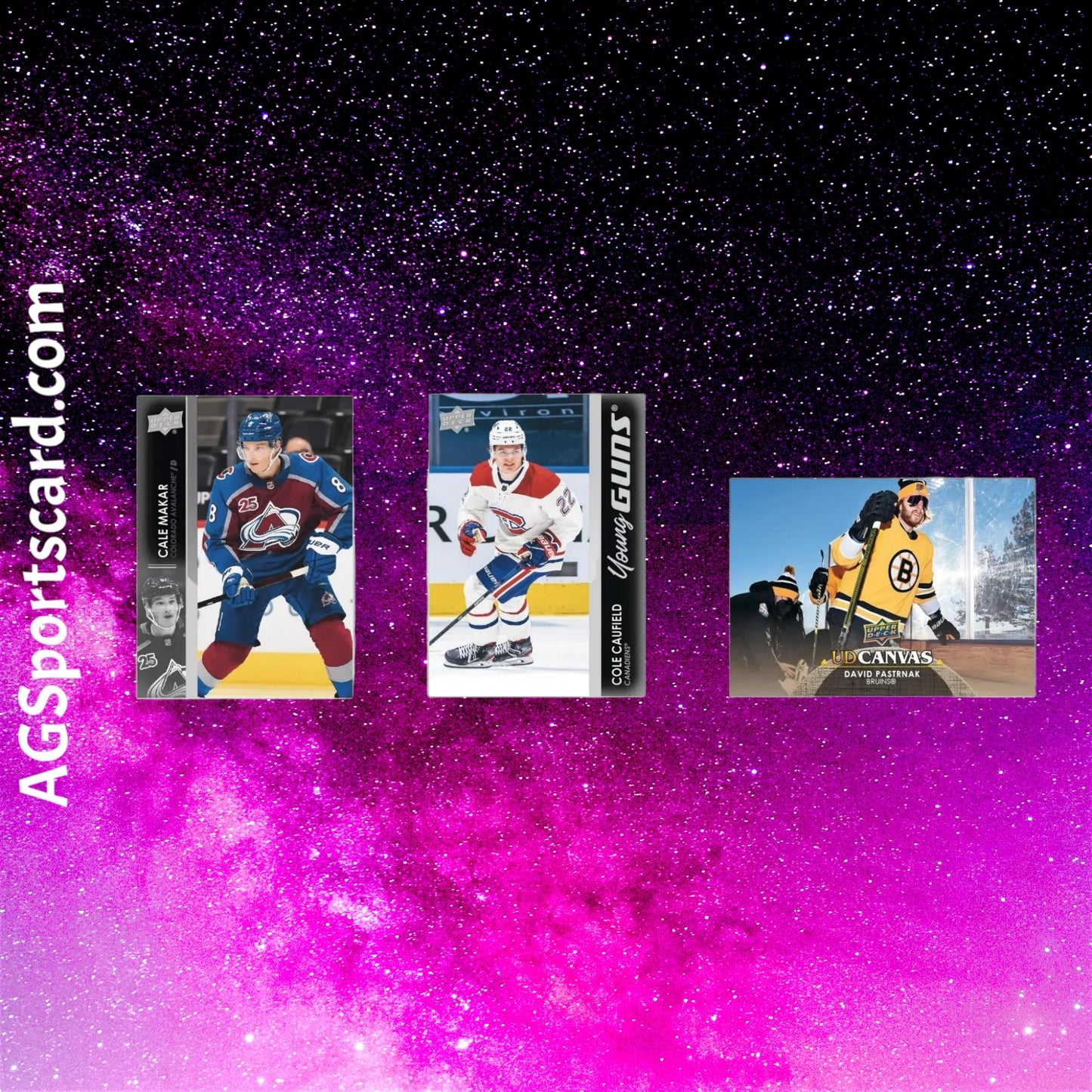 a group of four different sports cards on a purple and blue background