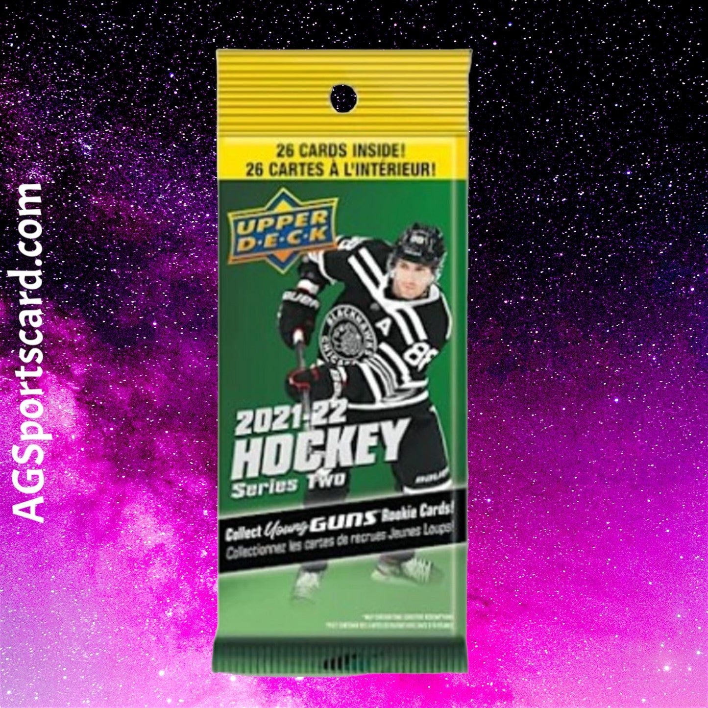 a bag of hockey gum sitting on top of a purple background