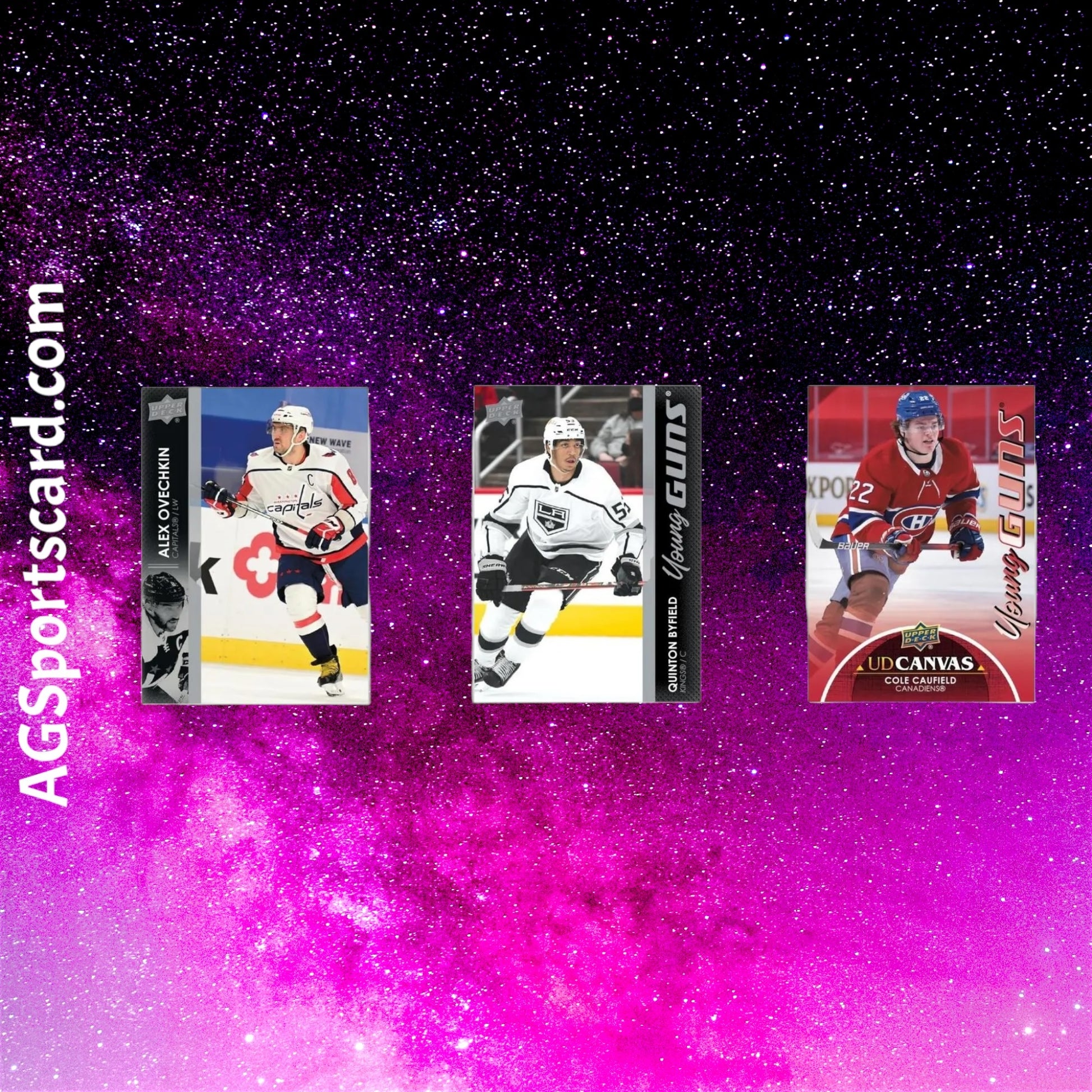 a group of four different sports cards on a purple background