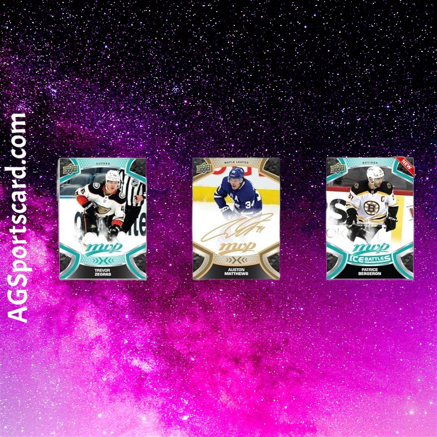 a group of three different sports cards on a purple and blue background