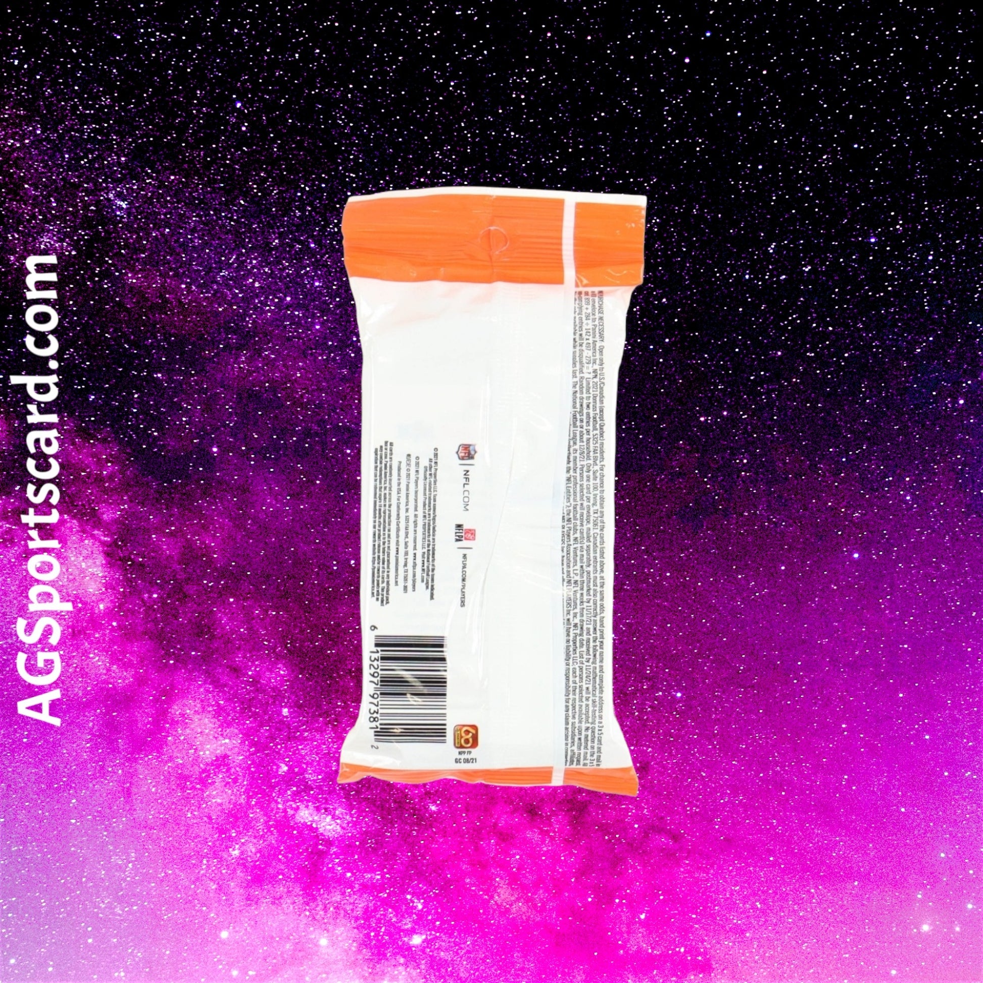 a bag of food sitting on top of a purple and pink background