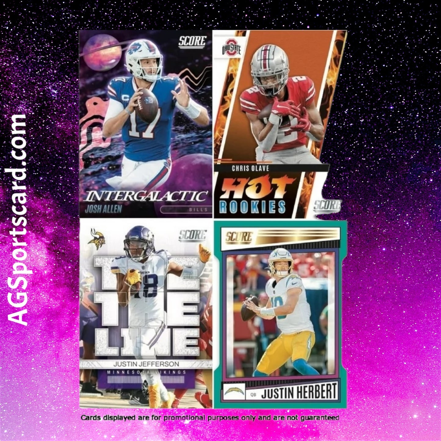 a group of three football cards on a purple background