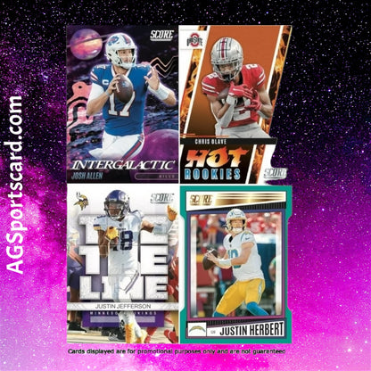 a group of three football cards on a purple background