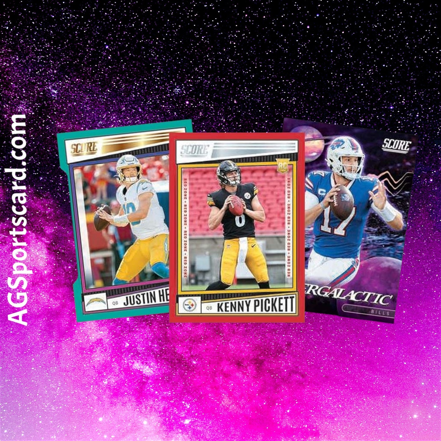 a group of three football cards on a purple background