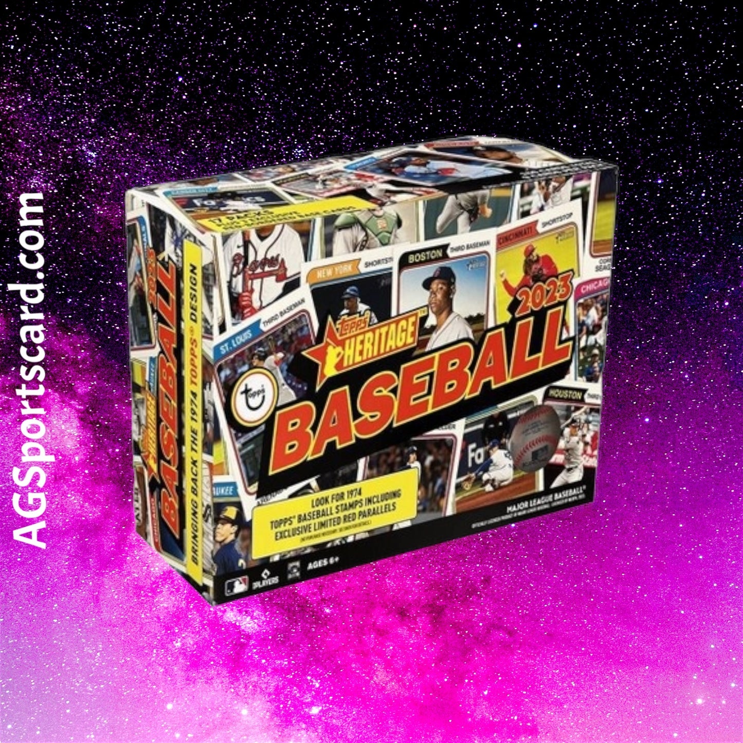 a box of baseball cards on a purple background