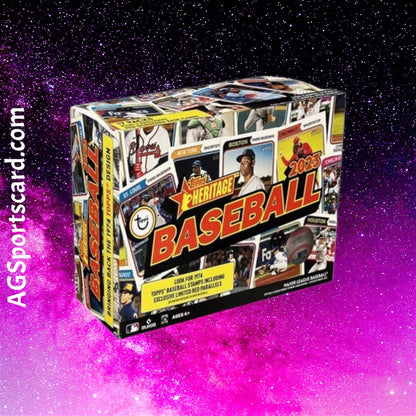 a box of baseball cards on a purple background