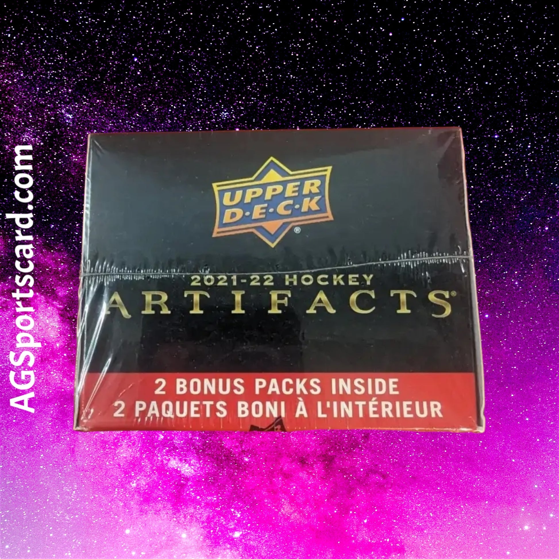 a package of hockey artifacts is shown in front of a galaxy background