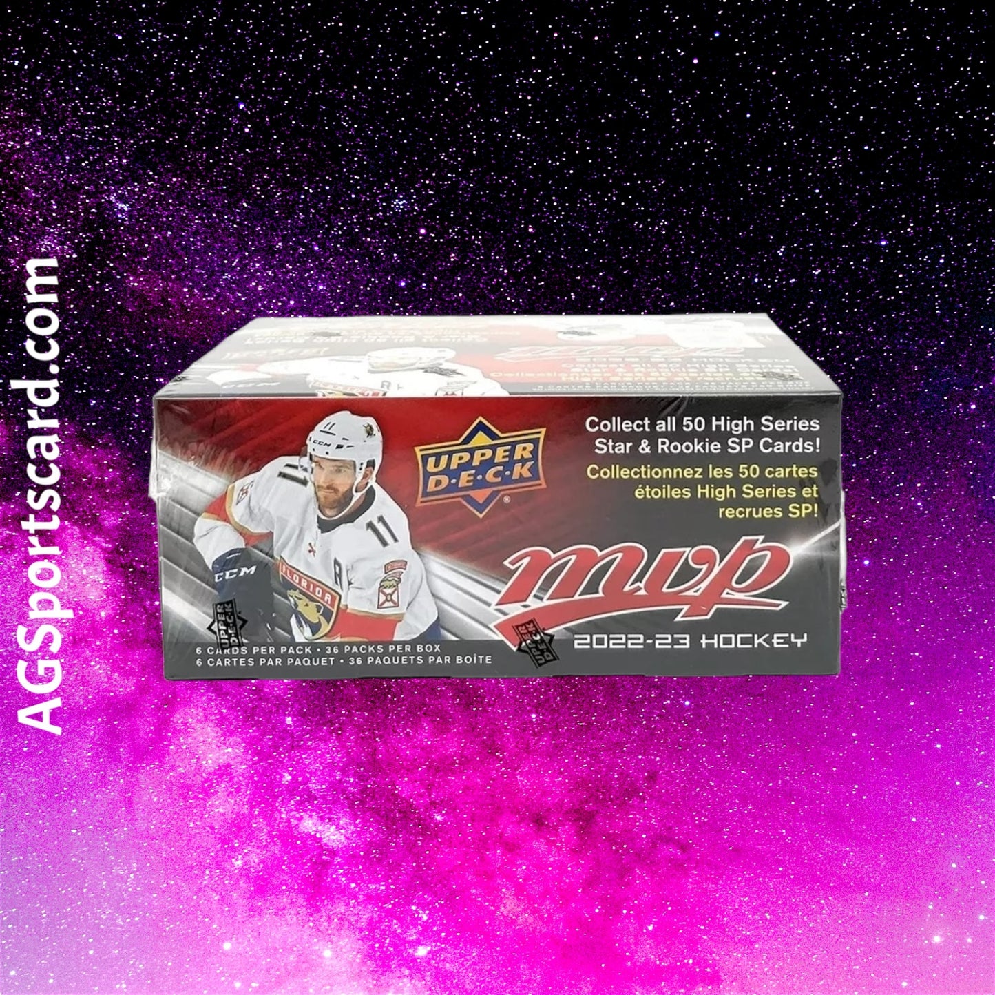 a box of hockey cards with a picture of a hockey player on it