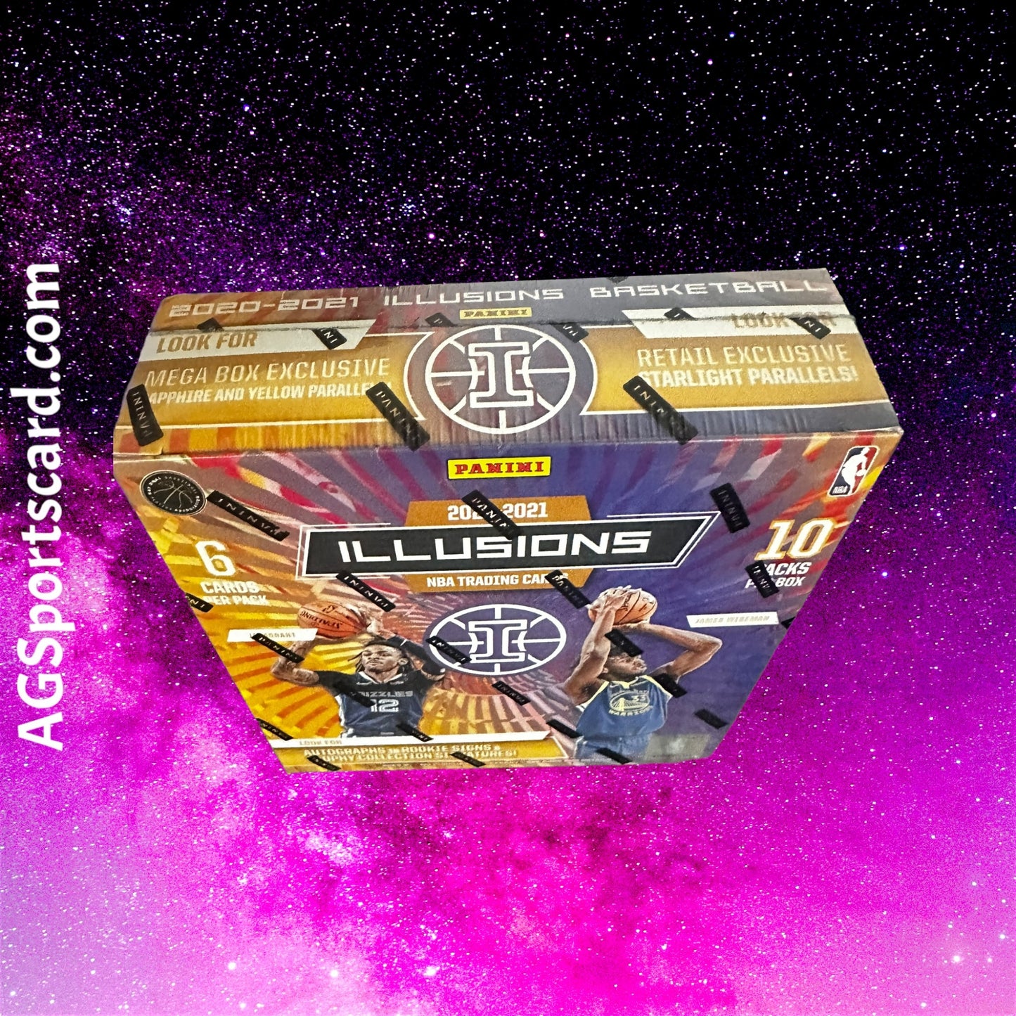 a box of illusion's basketball cards in front of a galaxy background