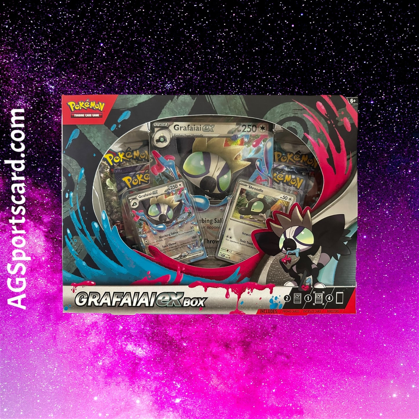 a box of pokemon trading cards in front of a galaxy background