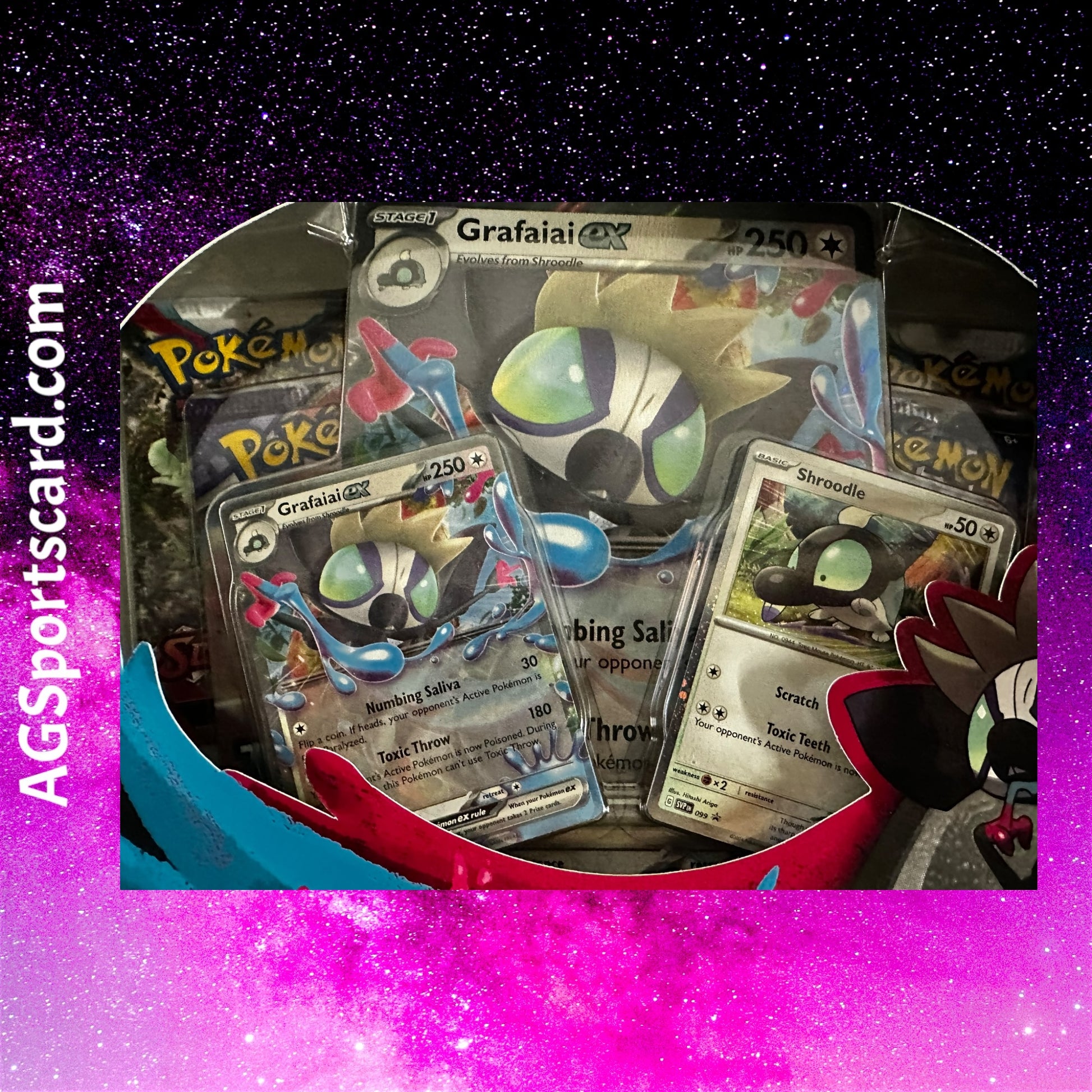 a box of pokemon trading cards with a space background