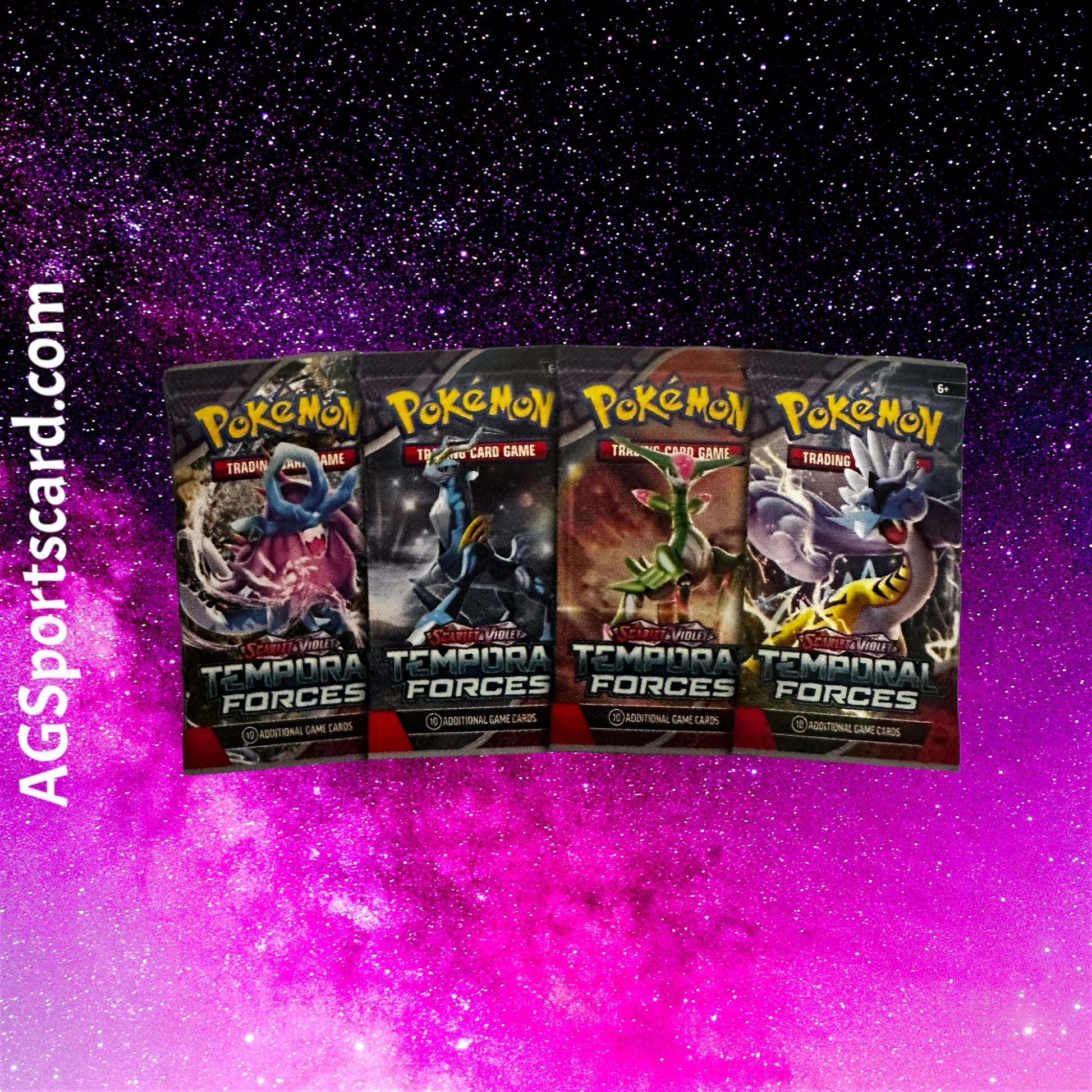 a set of three pokemon trading cards in front of a galaxy background