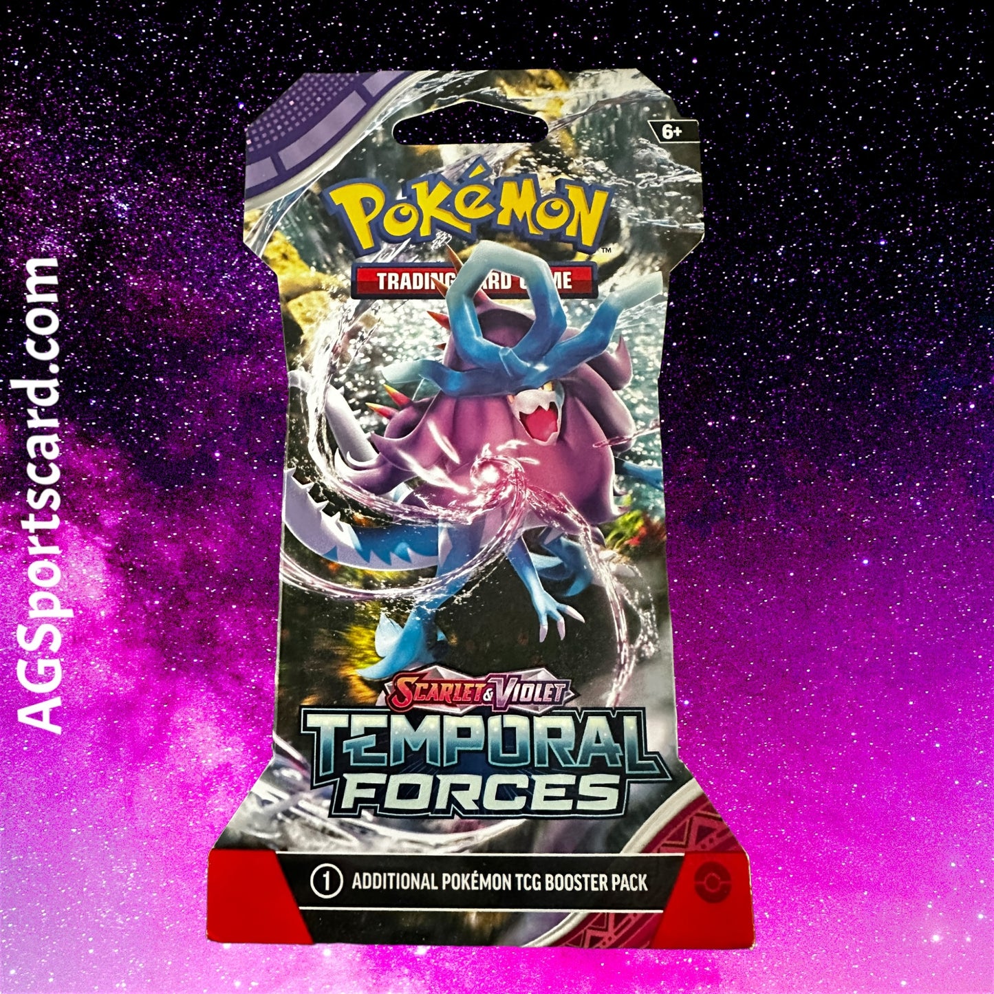 a package of pokemon trading cards with a purple background